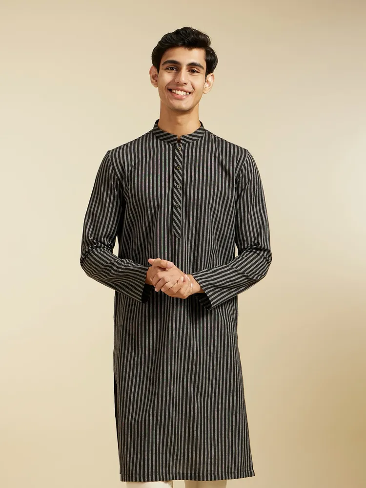 Diwas By Manyavar Ebony Black Linear Patterned Striped Kurta for Men