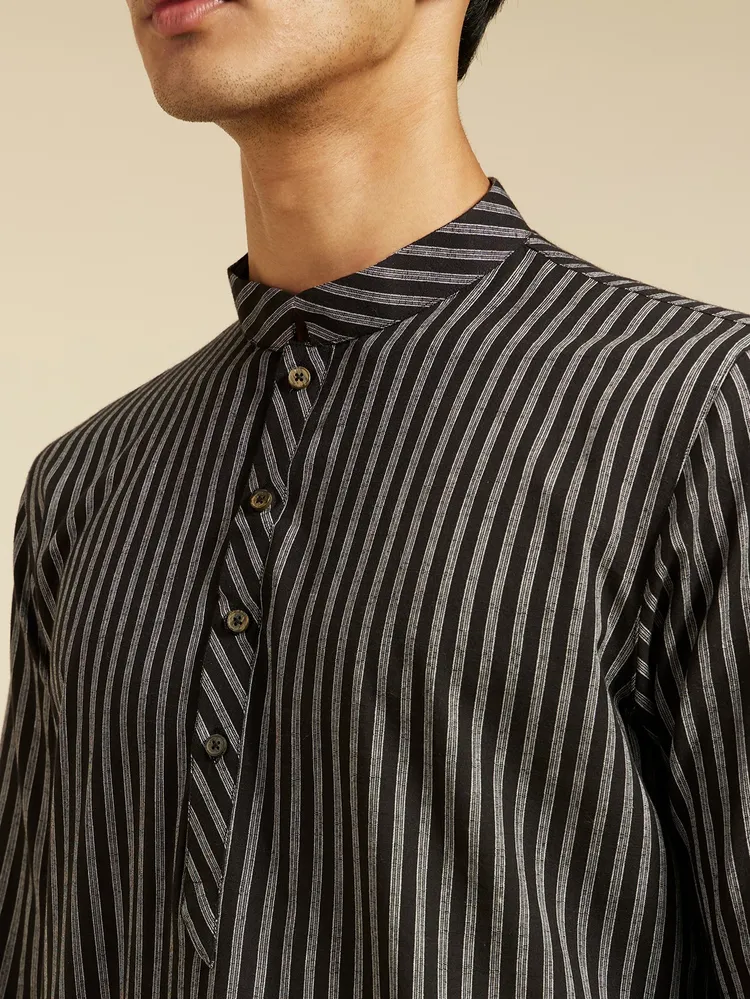 Diwas By Manyavar Ebony Black Linear Patterned Striped Kurta for Men