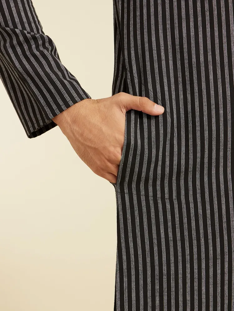 Diwas By Manyavar Ebony Black Linear Patterned Striped Kurta for Men