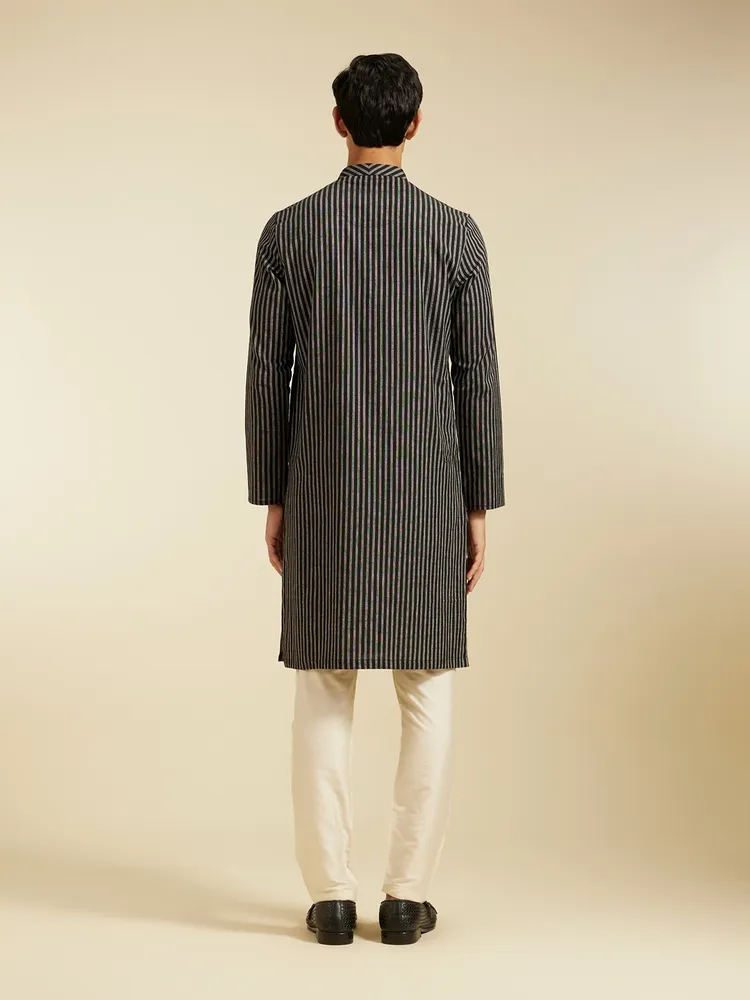 Diwas By Manyavar Ebony Black Linear Patterned Striped Kurta for Men