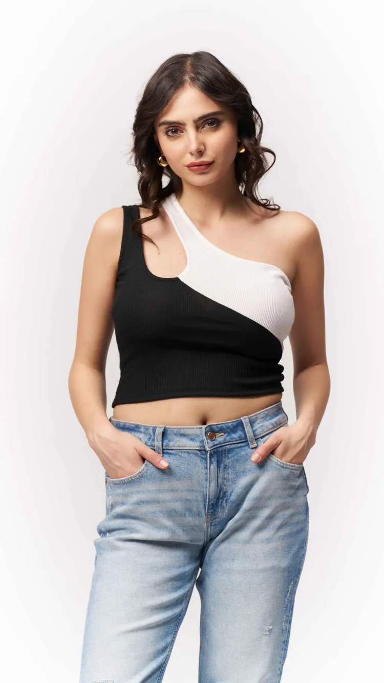 Black & White Double Strap Fitted Tee