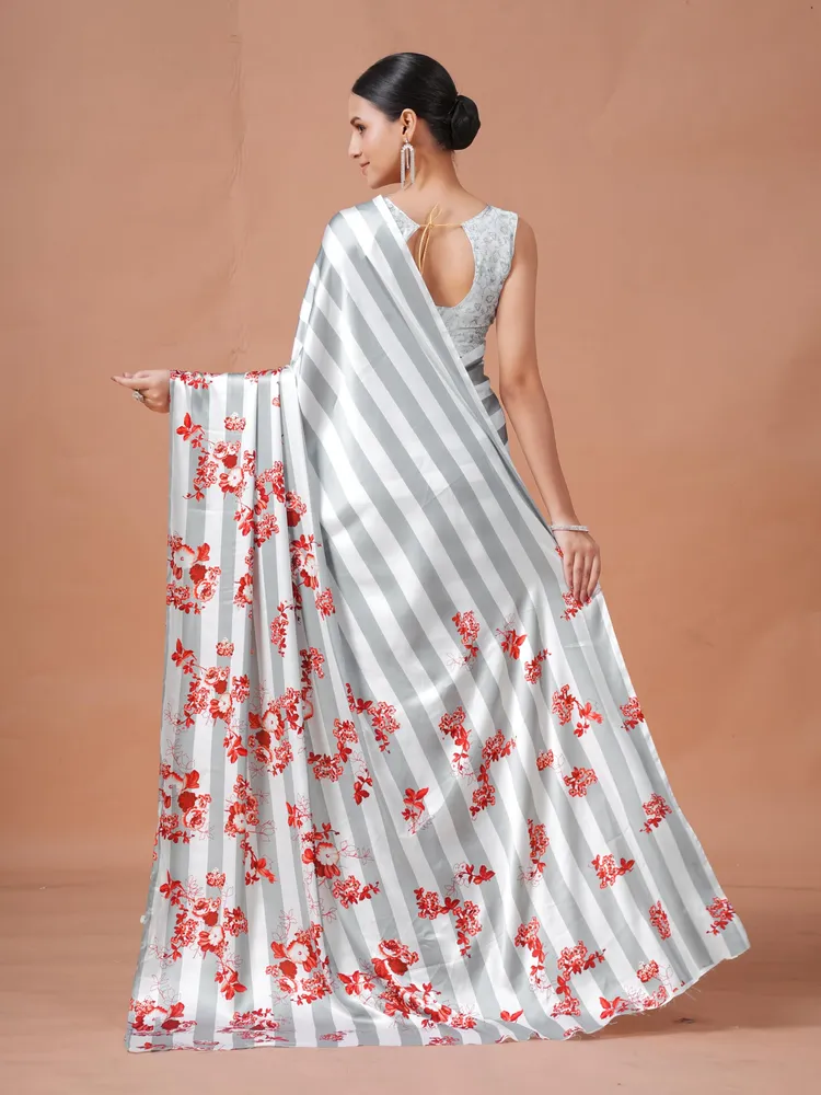 Garden Vareli Grey Stripes Printed Satin crepe Saree