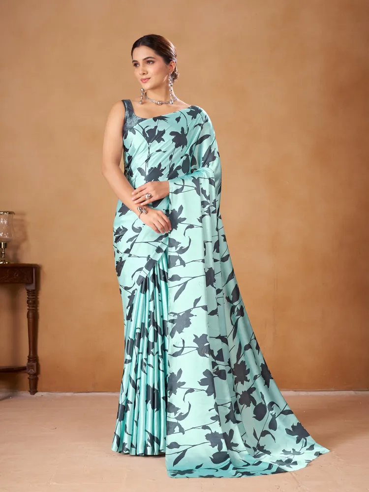 Garden Vareli Turquoise Floral Printed Crepe Saree