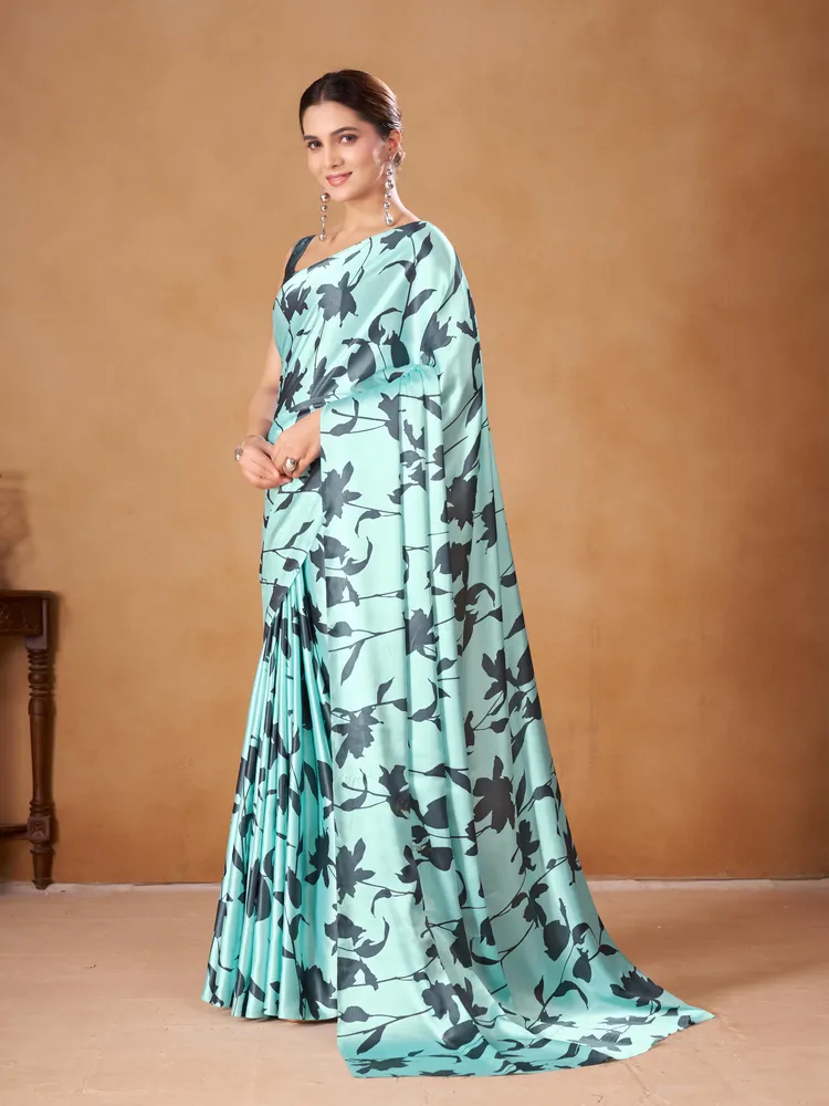 Garden Vareli Turquoise Floral Printed Crepe Saree