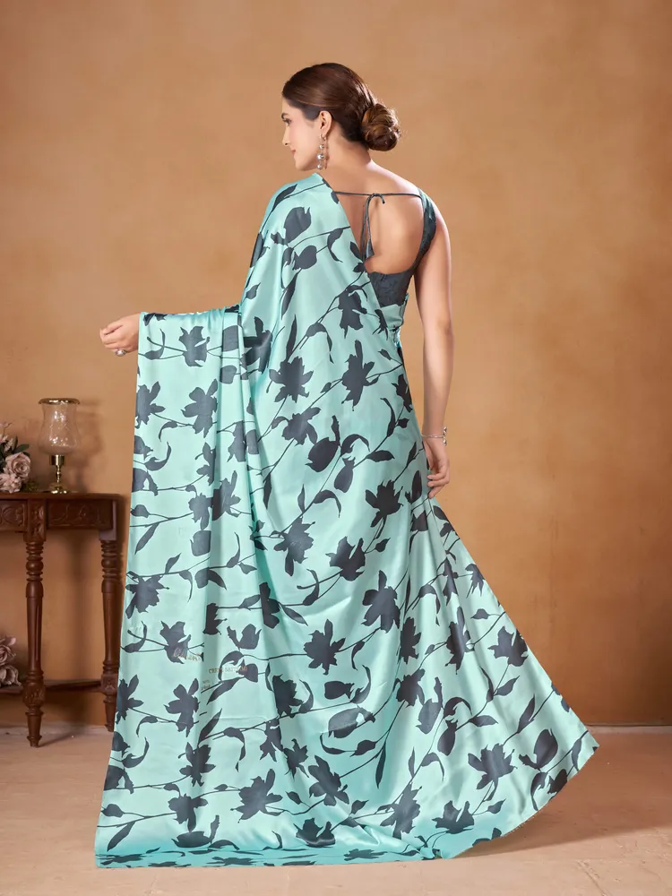 Garden Vareli Turquoise Floral Printed Crepe Saree