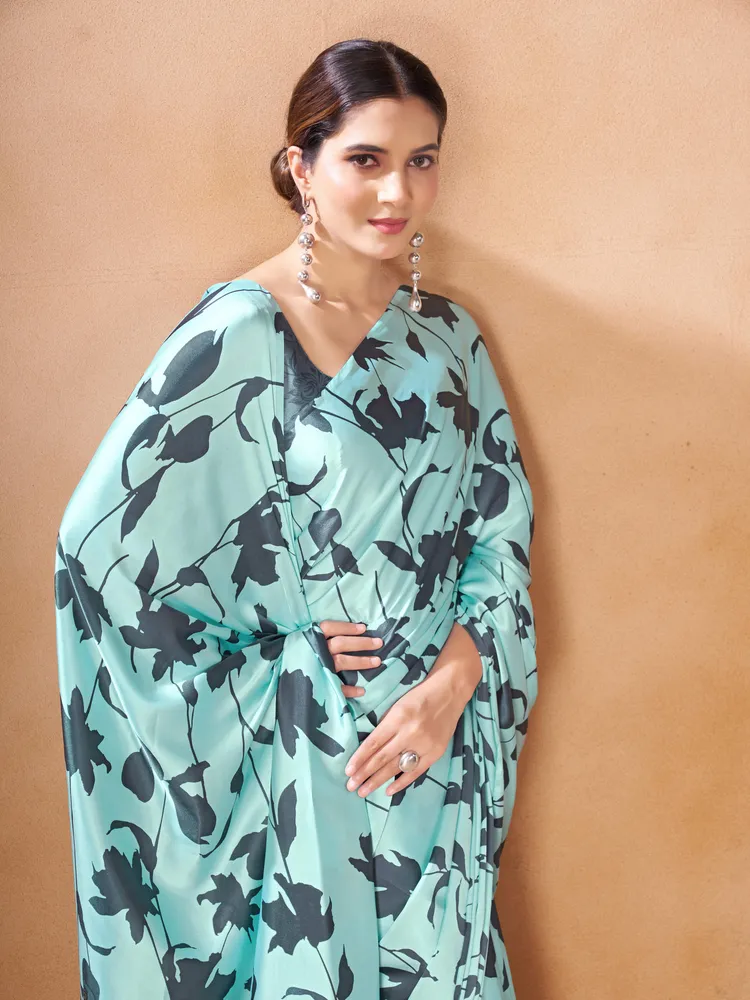 Garden Vareli Turquoise Floral Printed Crepe Saree