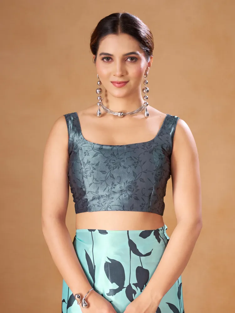 Garden Vareli Turquoise Floral Printed Crepe Saree