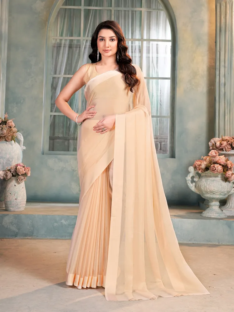 Garden Vareli Beige Solid Chiffon Saree