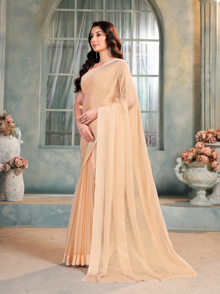 Garden Vareli Beige Solid Chiffon Saree