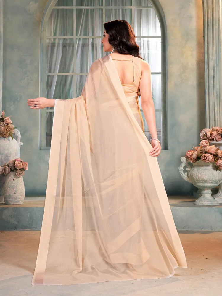 Garden Vareli Beige Solid Chiffon Saree