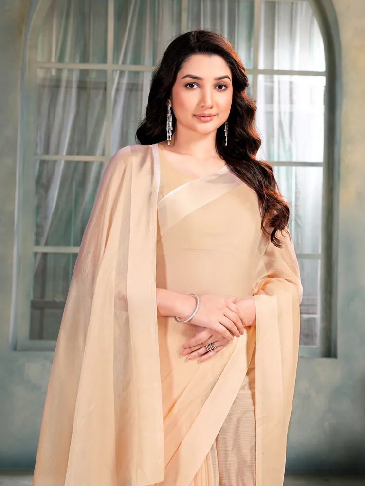 Garden Vareli Beige Solid Chiffon Saree
