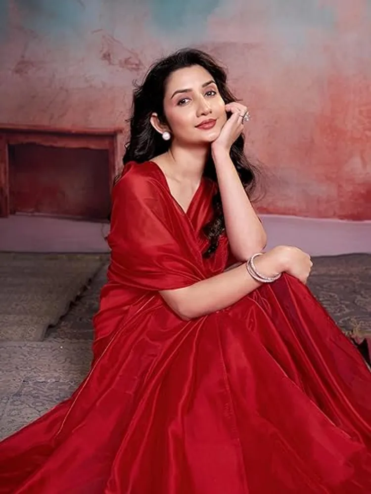 Garden Vareli Red Solid Organza Saree