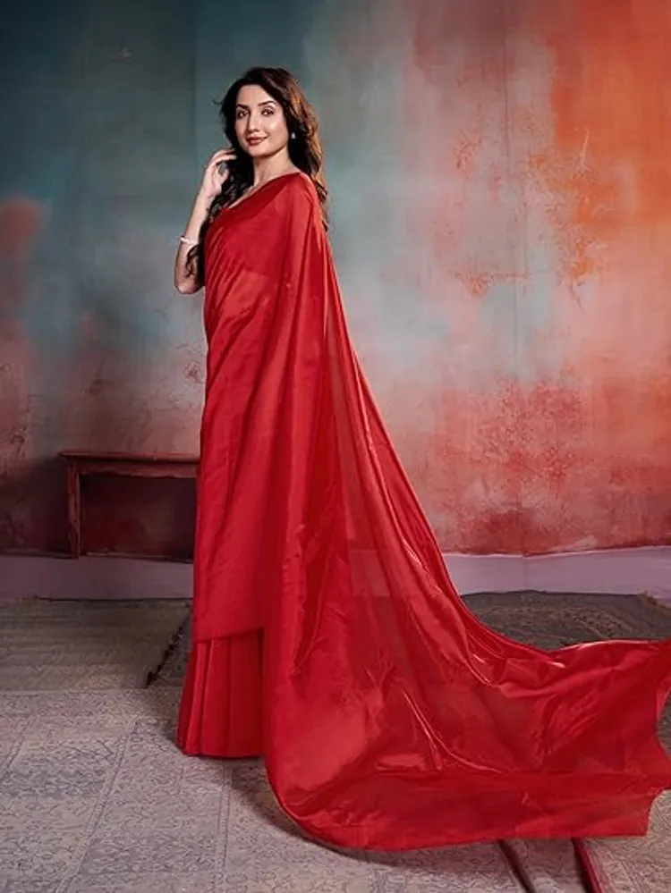 Garden Vareli Red Solid Organza Saree