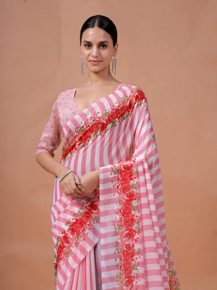 Garden Vareli Pink Stripes Printed Slub Taspa Saree