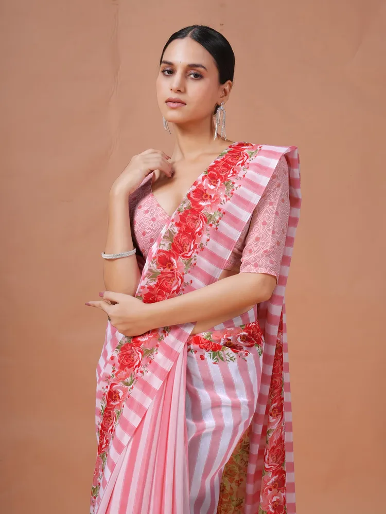 Garden Vareli Pink Stripes Printed Slub Taspa Saree