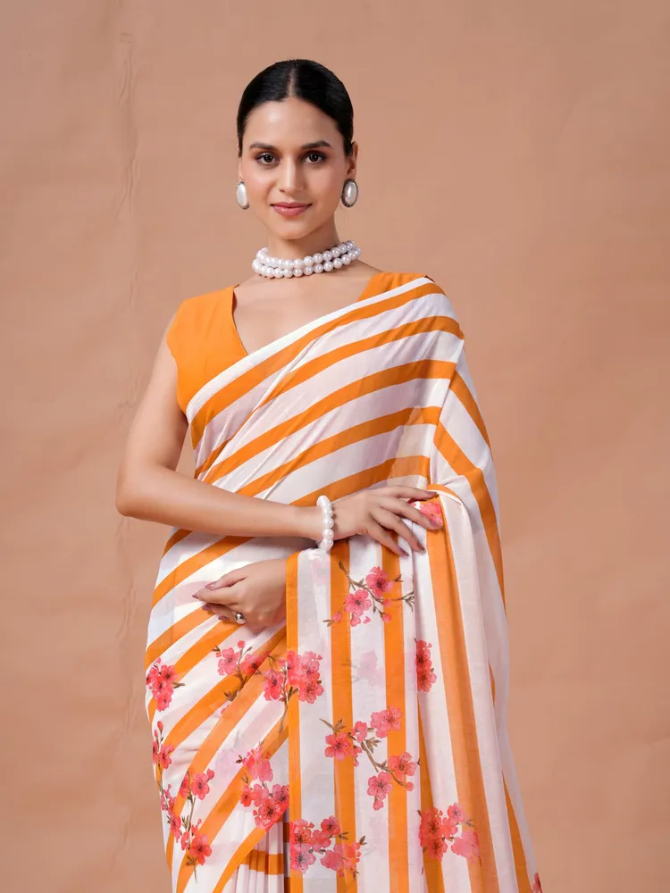 Garden Vareli Orange Stripes Printed Slub Taspa Saree