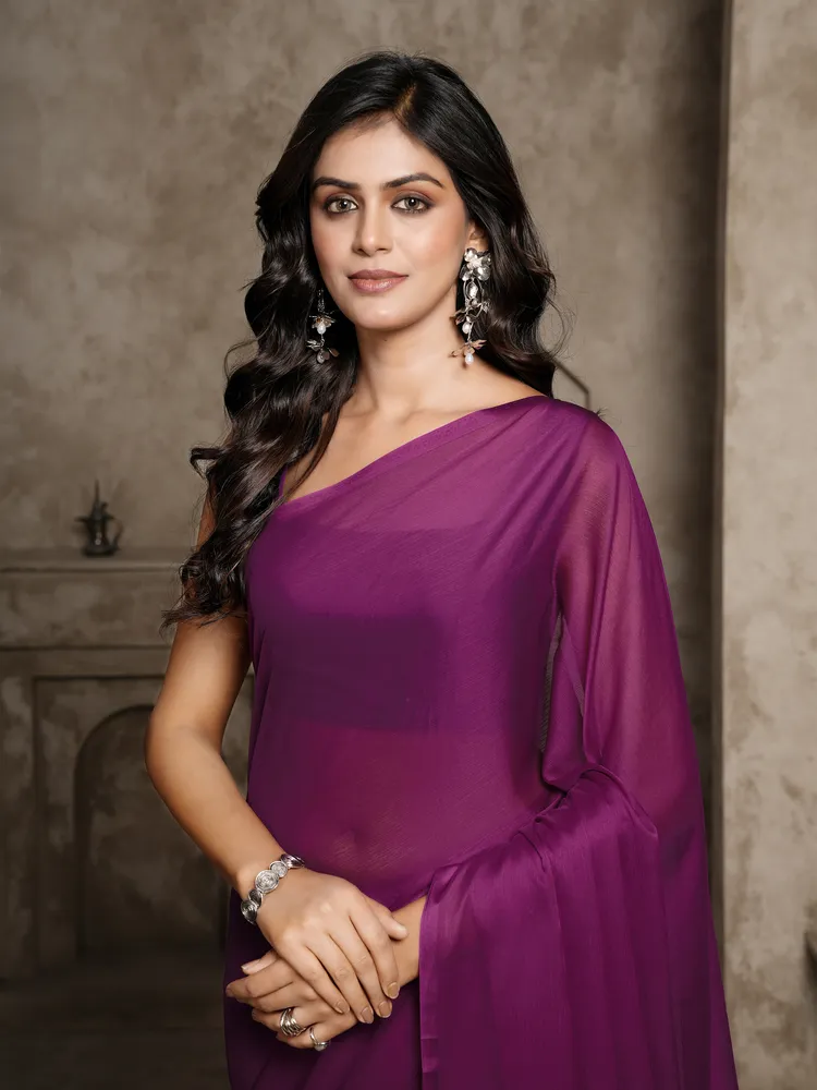 Garden Vareli Burgundy Solid Chiffon Saree