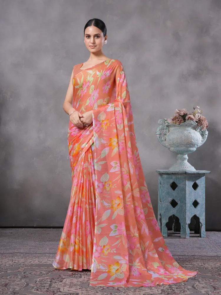 Garden Vareli Peach Printed Chiffon Saree