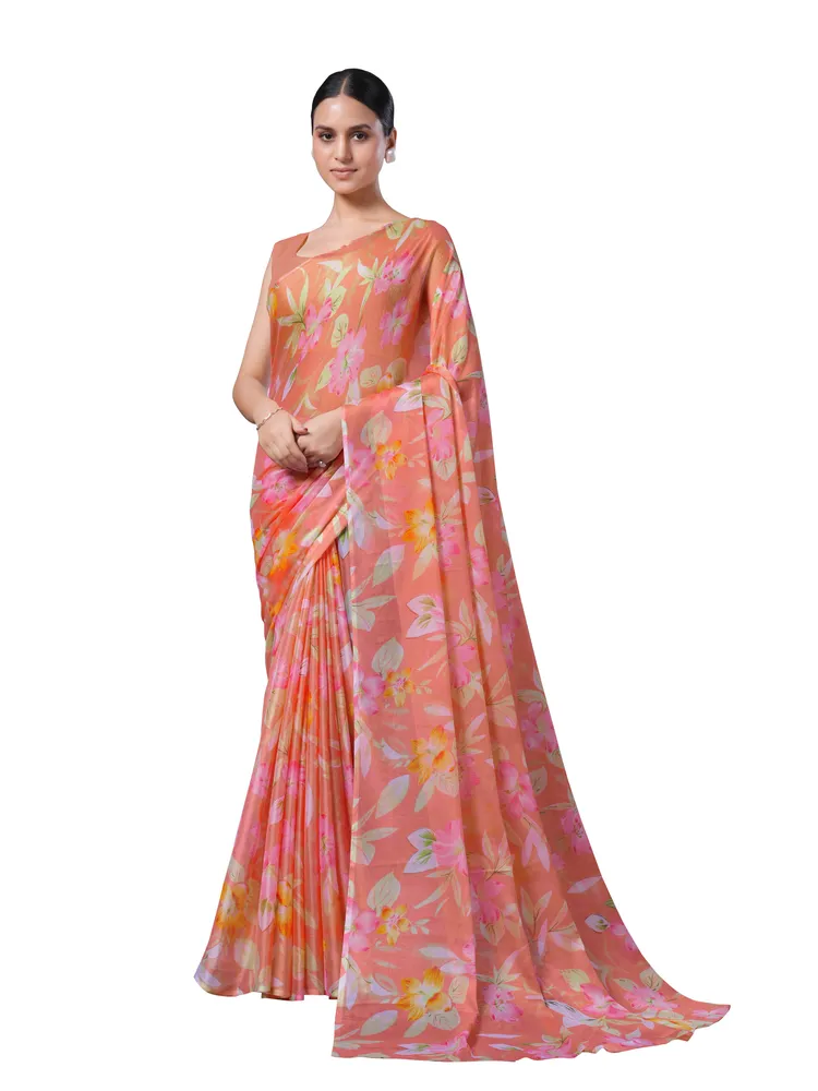 Garden Vareli Peach Printed Chiffon Saree