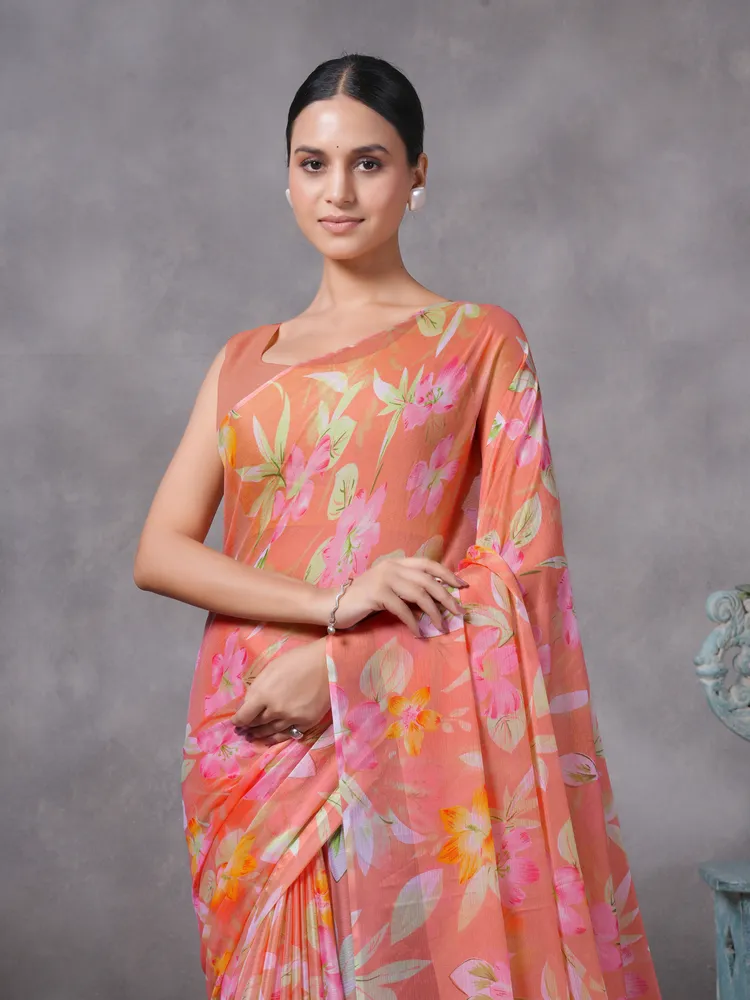 Garden Vareli Peach Printed Chiffon Saree