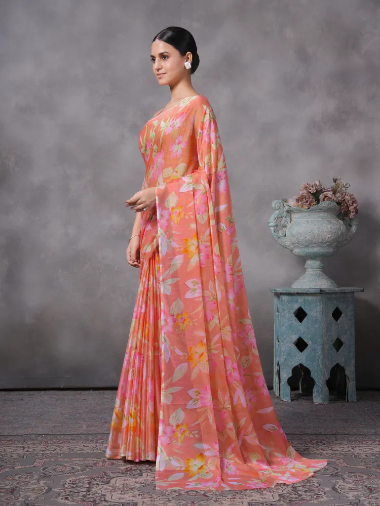 Garden Vareli Peach Printed Chiffon Saree
