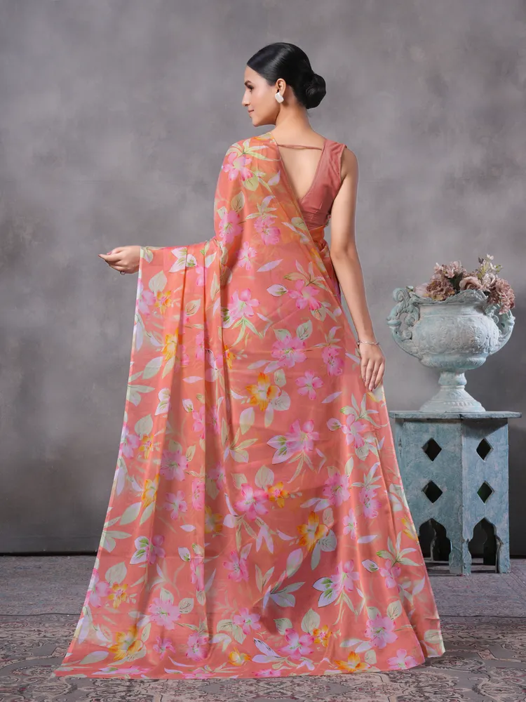 Garden Vareli Peach Printed Chiffon Saree