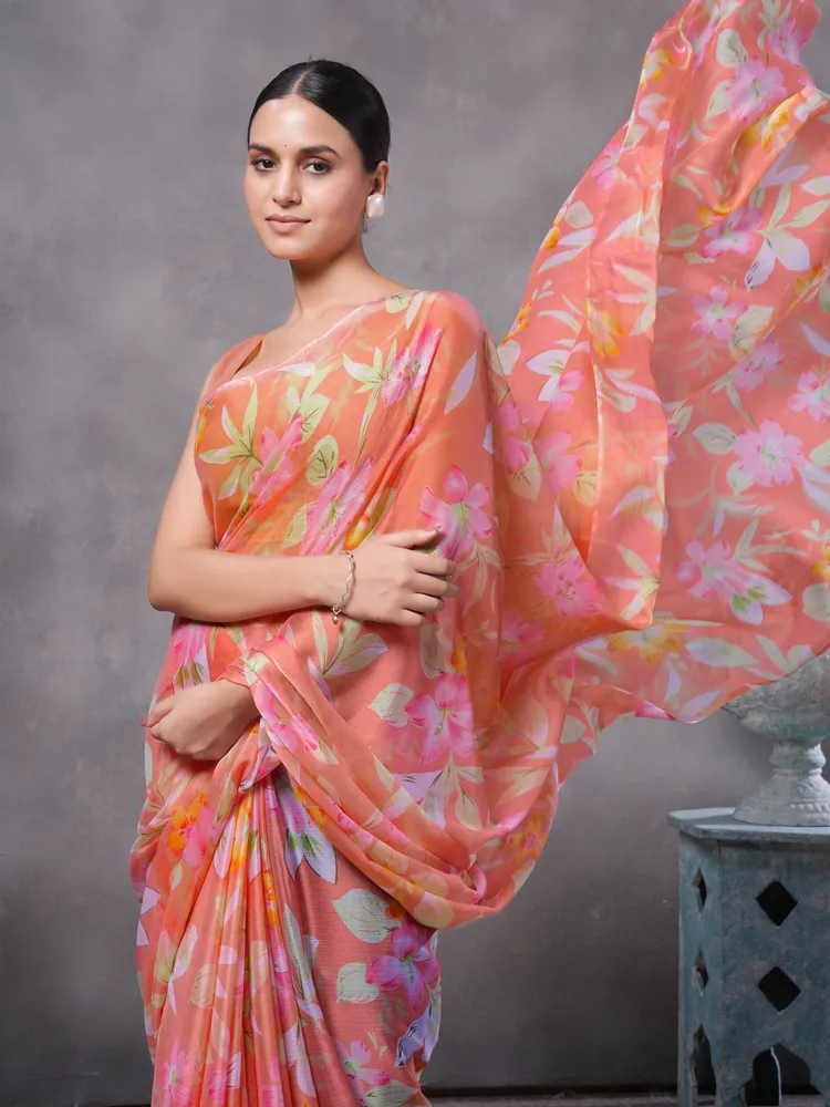 Garden Vareli Peach Printed Chiffon Saree
