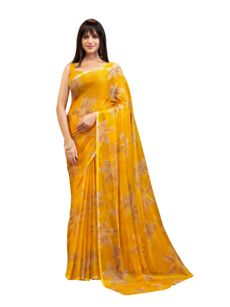 Garden Vareli Yellow Printed Chiffon Saree