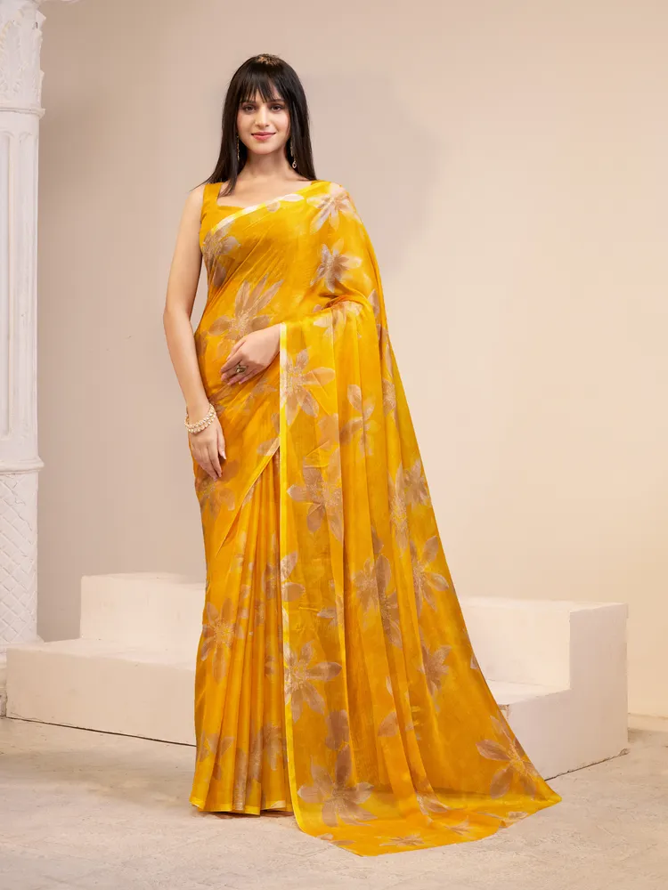 Garden Vareli Yellow Printed Chiffon Saree
