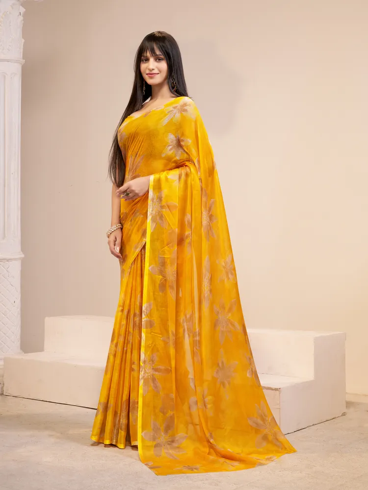 Garden Vareli Yellow Printed Chiffon Saree