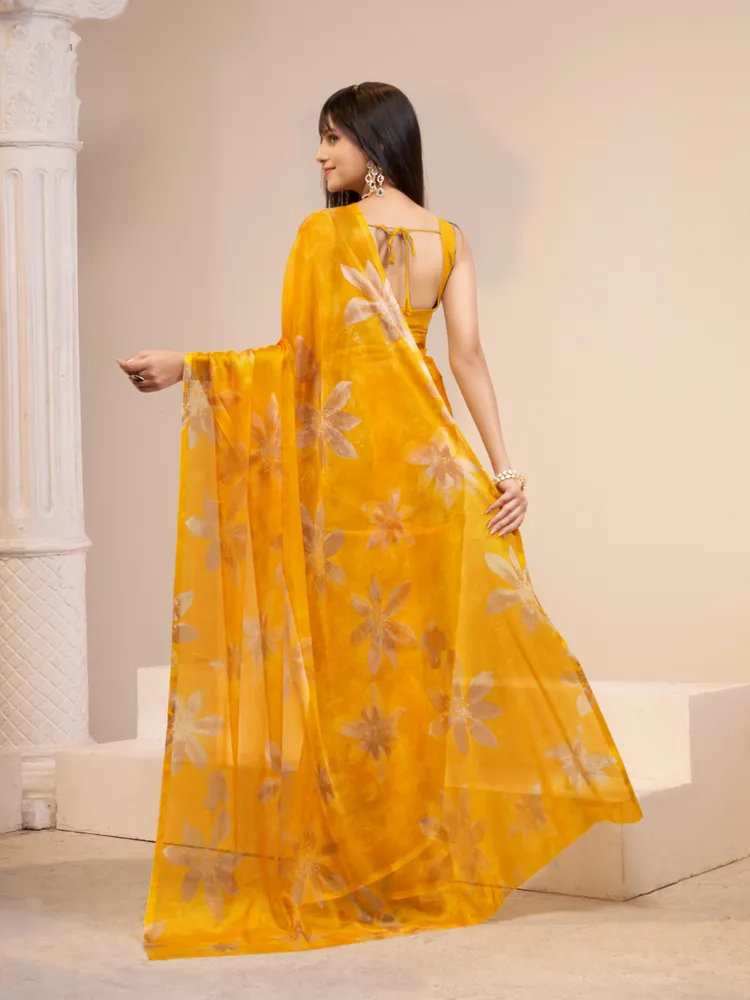 Garden Vareli Yellow Printed Chiffon Saree