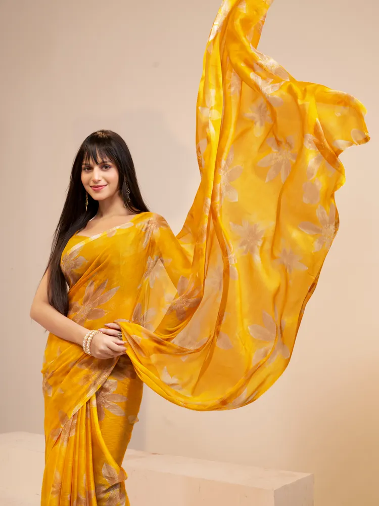 Garden Vareli Yellow Printed Chiffon Saree