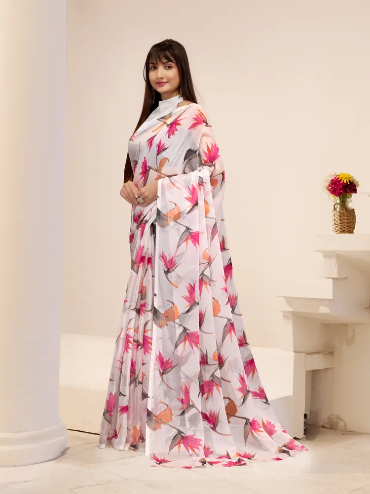 Garden Vareli White Printed Chiffon Saree