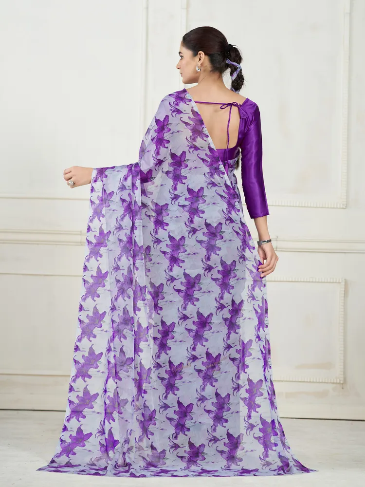 Garden Vareli Purple Floral Printed Chiffon Saree