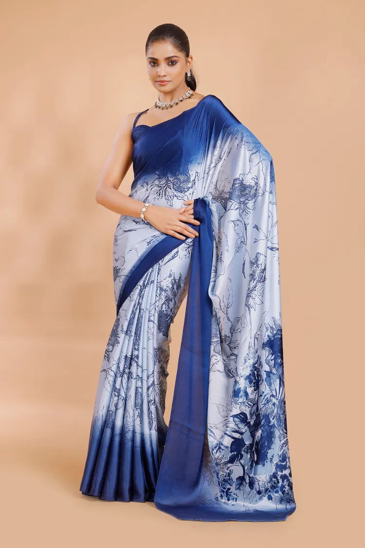 Garden Vareli Blue Floral Printed Crepe Saree