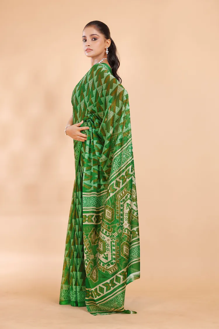 Garden Vareli Green Geometric Printed Chiffon Saree