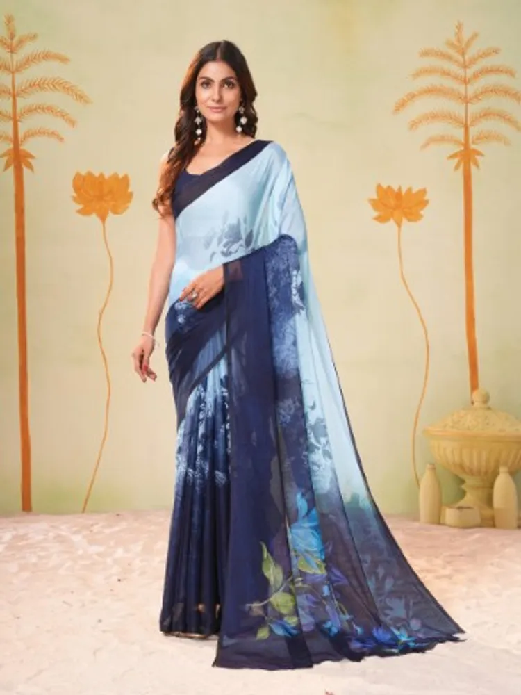 Garden Vareli Blue Floral Printed Chiffon Saree