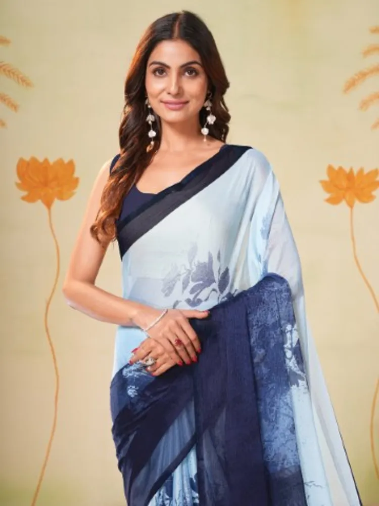 Garden Vareli Blue Floral Printed Chiffon Saree