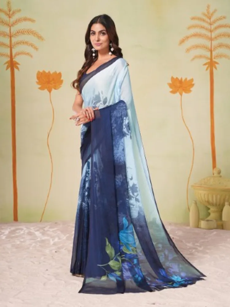 Garden Vareli Blue Floral Printed Chiffon Saree