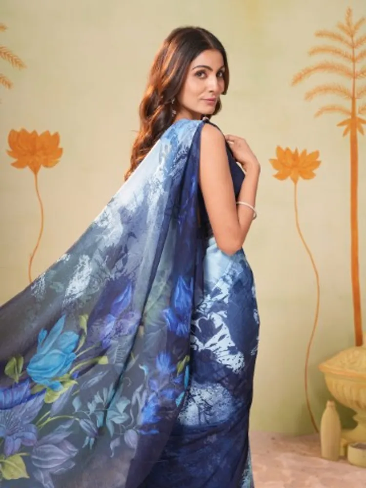 Garden Vareli Blue Floral Printed Chiffon Saree