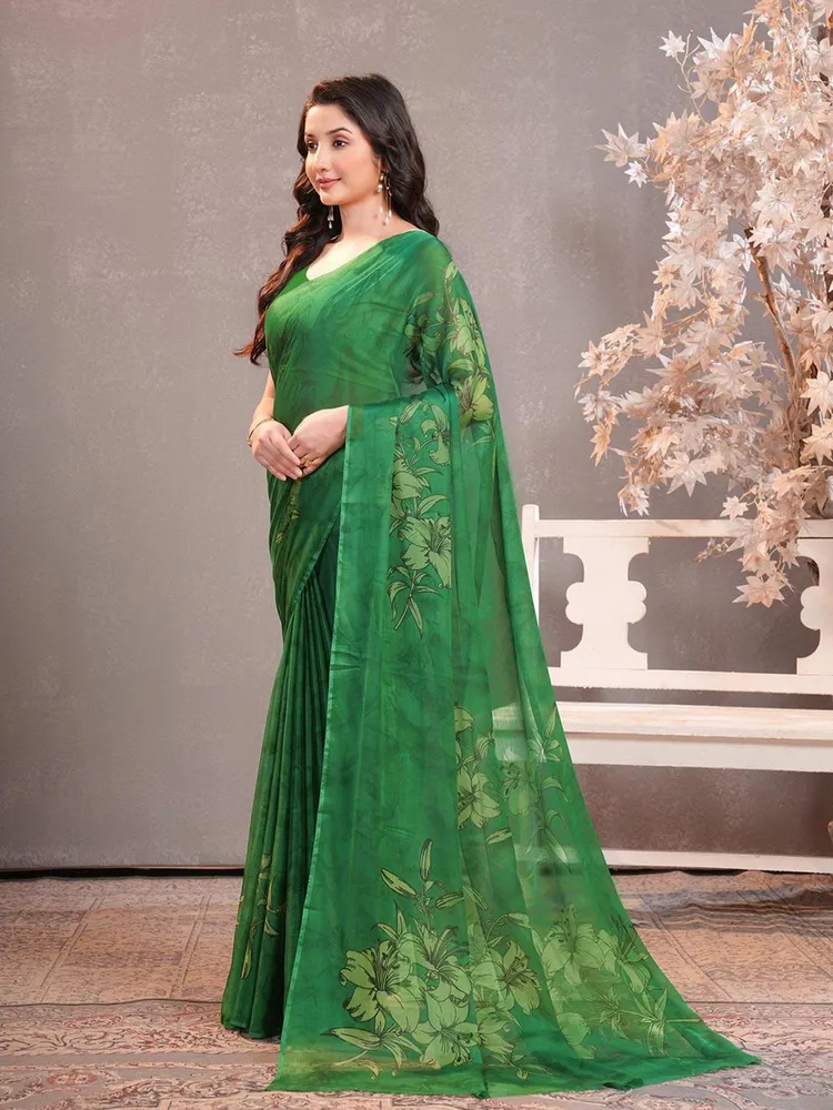 Garden Vareli Green Floral Printed Chiffon Saree