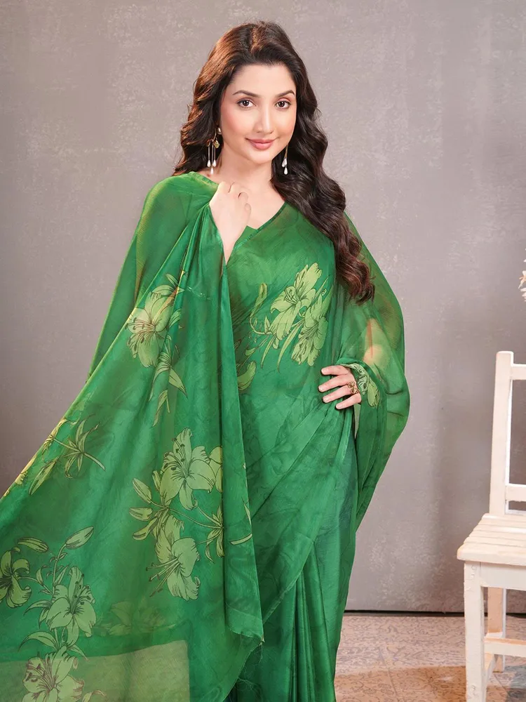 Garden Vareli Green Floral Printed Chiffon Saree