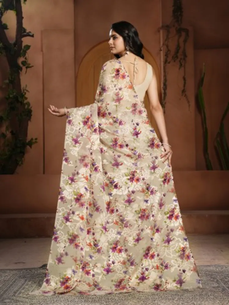 Garden Vareli Beige Floral Printed Georgatte Brasso Saree