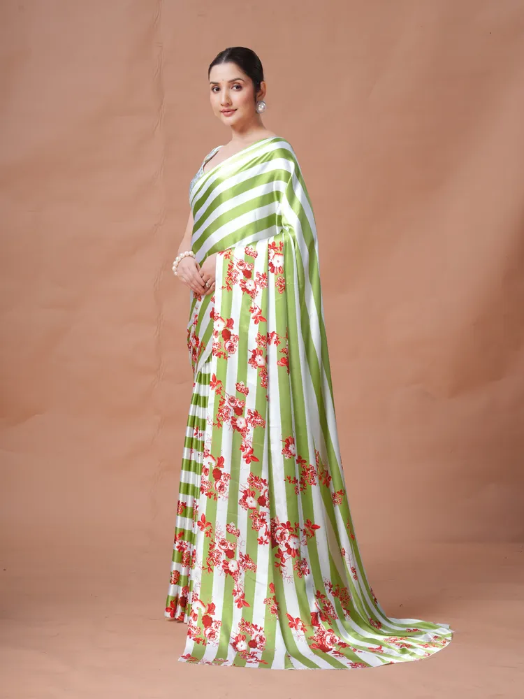 Garden Vareli Green Stripes Printed Crepe Satin Saree