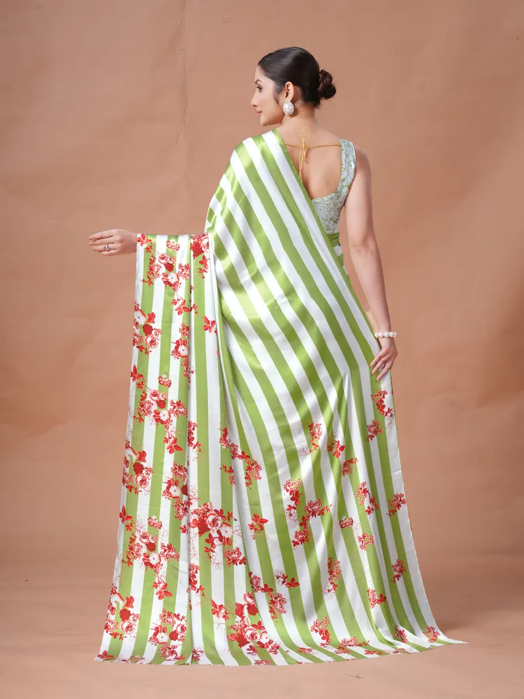 Garden Vareli Green Stripes Printed Crepe Satin Saree