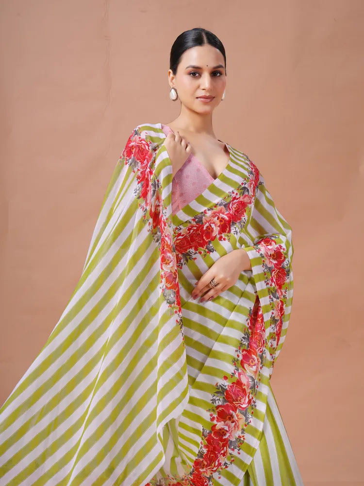 Garden Vareli Olive Stripes Printed Georgette Saree