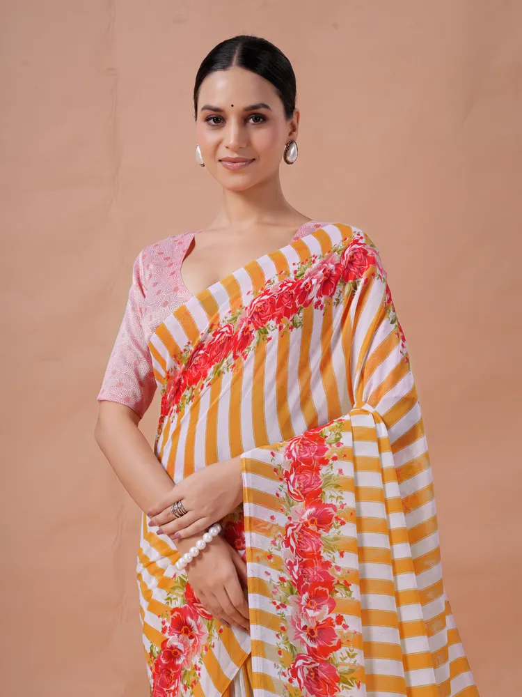 Garden Vareli Yellow Striped Printed Pure Georgette Saree With Unstitched Blouse Piece