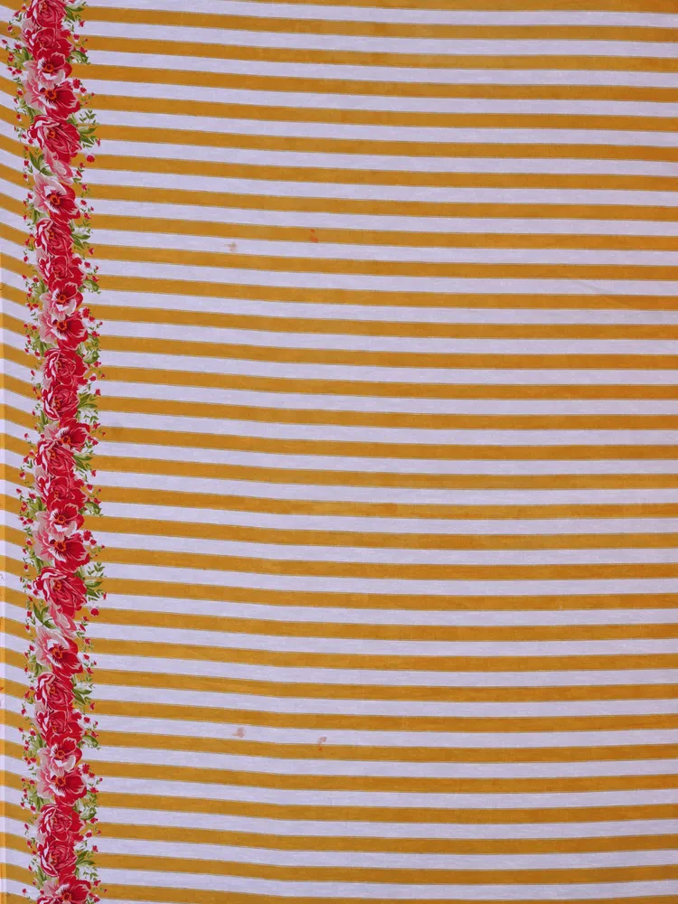 Garden Vareli Yellow Striped Printed Pure Georgette Saree With Unstitched Blouse Piece