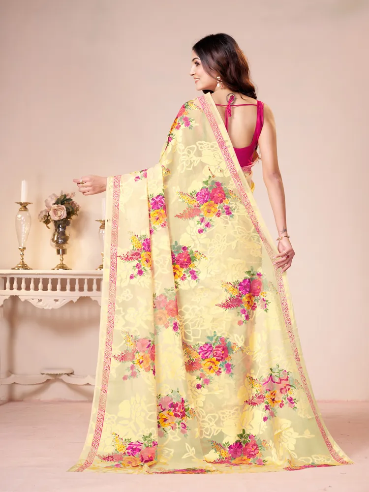 Garden Vareli Yellow Floral Printed Georgette Brasso Saree