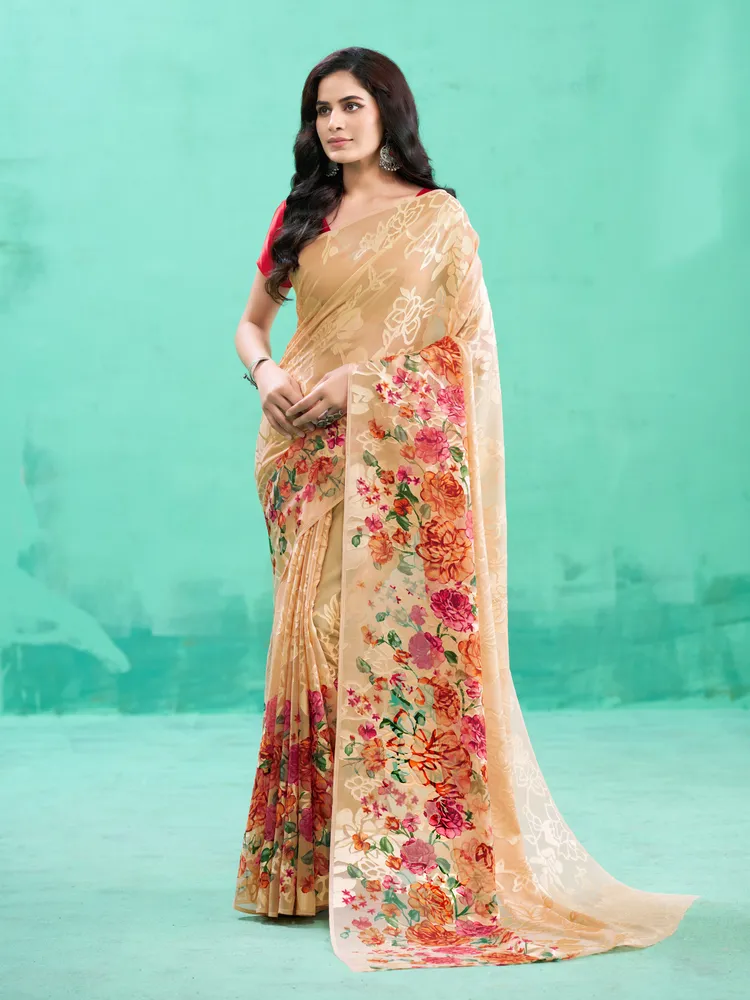 Garden Vareli Brown Floral Printed Viscose Brasso Saree